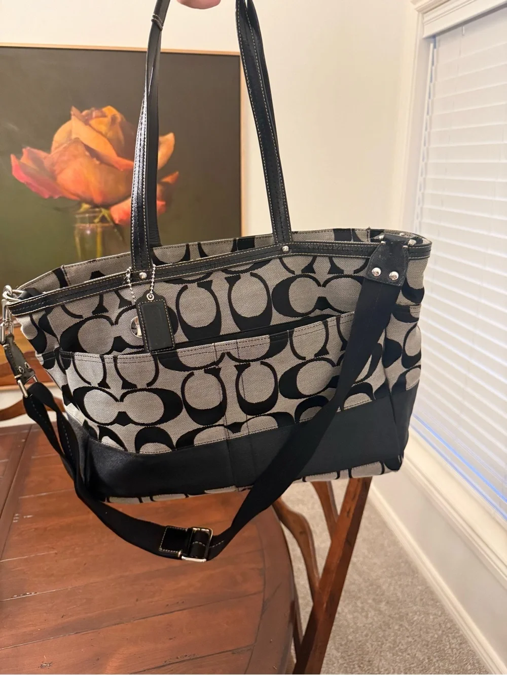 Coach Black and Cream Signature Canvas Tote with Tag and Medallion